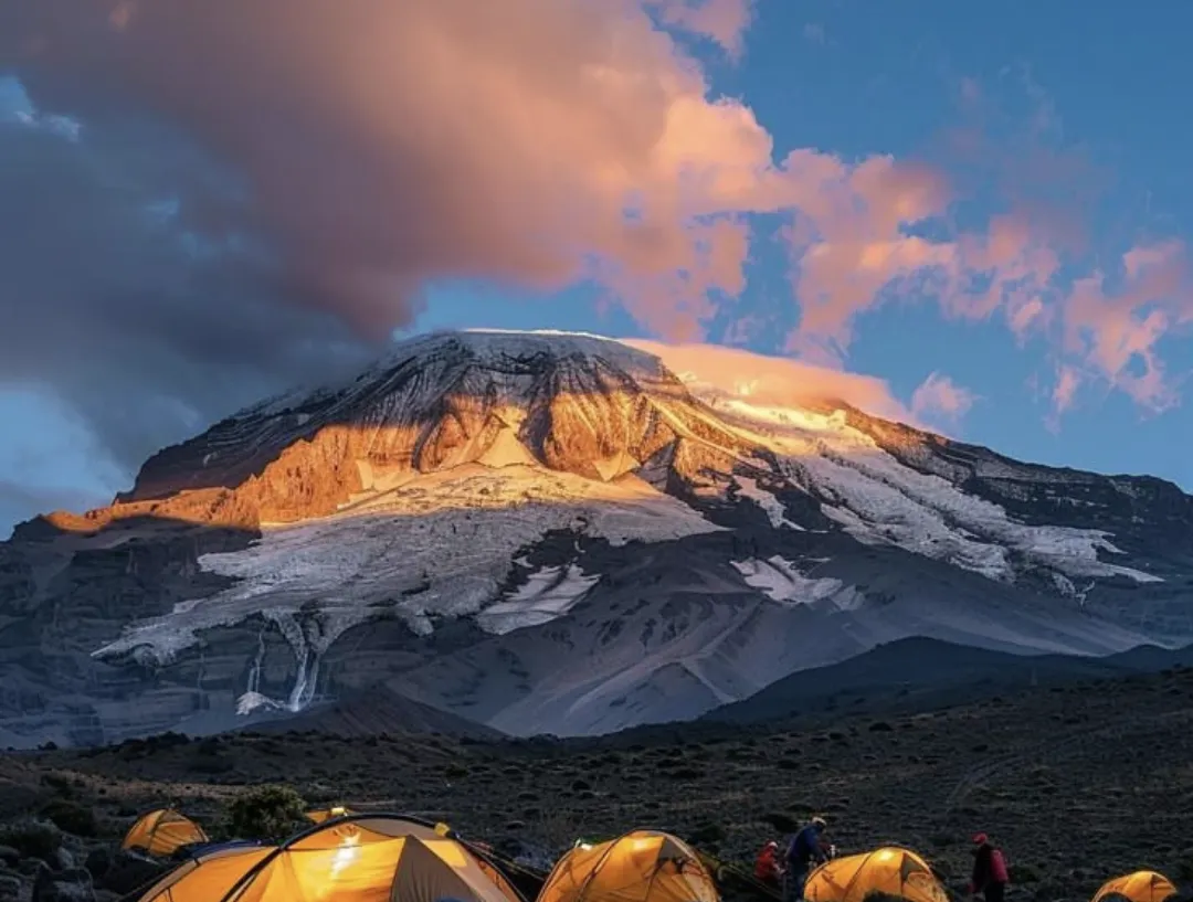 Mount Kilimanjaro summit at sunrise with glaciers
